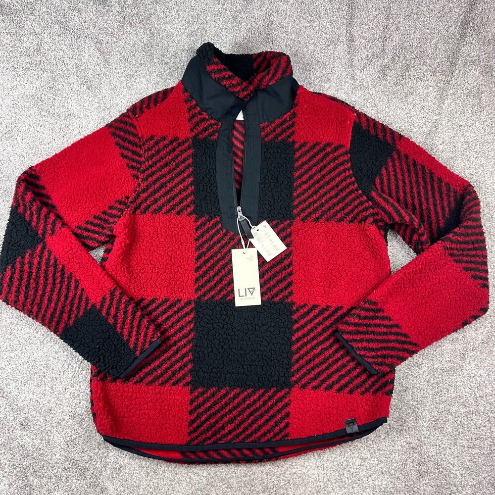 NEW! LIV Outdoor Red and Black Plaid Fleece Pile Pullover size Small